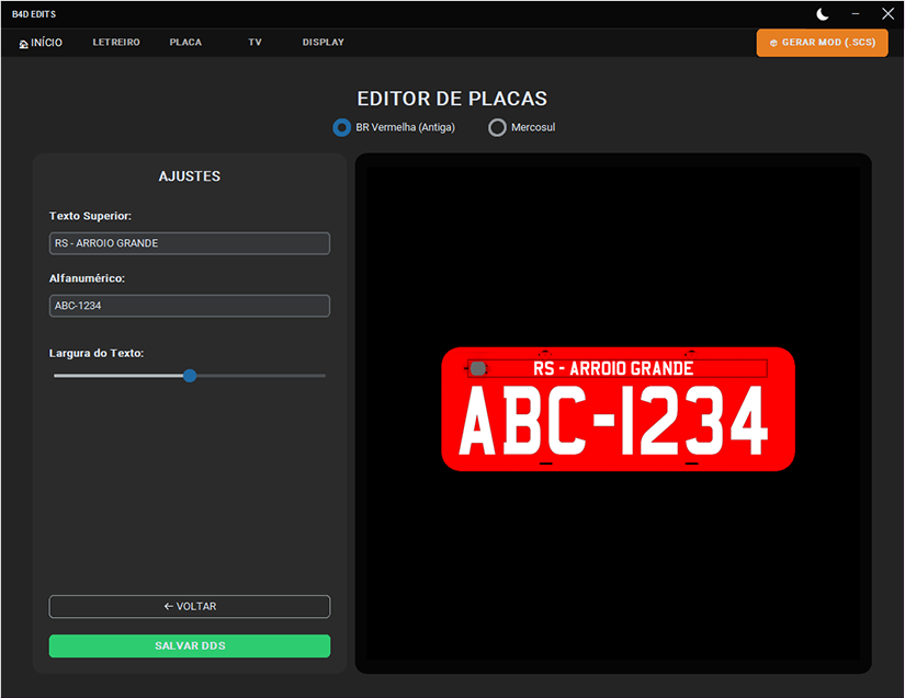 Opções de placas no B4D Edits
